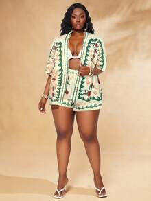 SHEIN SXY Plus Size Boho Multicolor Floral Print Woven Fabric Two Piece Shorts Set With Drop Shoulder Short Sleeve Blouse And Knot Details - Multicolor - View 5