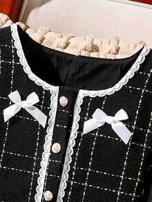 SHEIN 这是一套女童套装，包含两件单品：一件适合少女的短款粗花呢外套和一条饰有蝴蝶结的裙子。非常适合秋季穿着。 - 黑色 - 查看 3