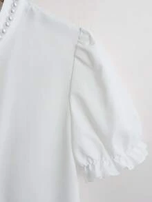 Franclia Women's White Collar Pearl Decor Splice Lace Puff Sleeve Casual Blouse, Suitable For Daily Commute, Outing, Afternoon Tea, Date, Vacation White Blouse Elegant Lace White Top White Elegant Top Ruffle Blouse Lace Shirts