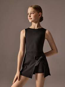 Tween Girls Black Casual Dress, Fashionable Activewear, Unique Hem Design, Detachable Bow - Black - View 8
