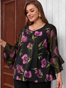 EMERY ROSE Plus Size Boho Multicolor Random Print Blouse With Round Neck And Three Quarter Flare Sleeves Woven Fabric Top - Multicolor - View 5