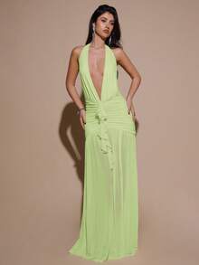 SHEIN BAE Đầm maxi lưới ôm sát cơ thể màu vàng kem trơn, tối giản, cổ chữ V sâu, kiểu yếm, xếp ly, thích hợp cho tiệc tùng, cocktail, các dịp trang trọng, phù dâu, sinh nhật, Giáng sinh, công sở thường ngày, đầm maxi thanh lịch dành cho nữ. - Màu xanh chanh - Xem 5