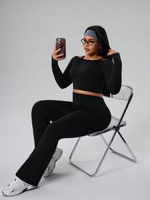 Gameset SHEIN Sport Damen Große Größen nahtloses Camisole Langarm Top und weite Hose Set - Schwarz - Übersicht 5