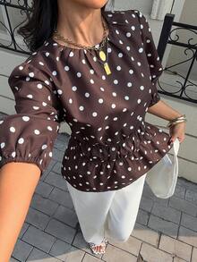 Siren Gaze New Brown Polka Dot Puff Sleeve Blouse For Women Spring - Brown - View 6