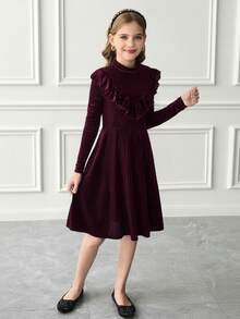 SHEIN Serisse Kids 女童条纹天鹅绒 A 字裙，优雅长袖蛋糕裙，适合生日派对、度假，非常适合秋冬季休闲日常穿着和上学日常穿着，适合圣诞节、母女搭配 - 酒紅色 - 查看 8