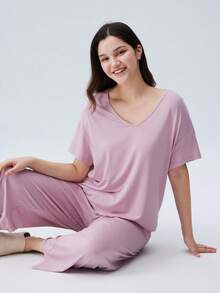 LUVLETTE 夏季粉色柔軟 TENCEL™ 莫代爾基礎款 T-shirt 與長褲居家服套裝，透氣休閒睡衣女款，附口袋，可當外穿，新娘內衣圖案款 - 淺粉色 - 查看 8