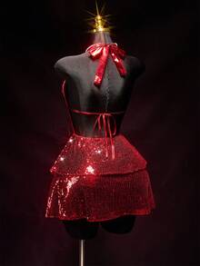 SHEIN ICON 女士亮片吊带红色闪亮婚礼生日派对度假情人节闪光迷你连衣裙，时尚派对装 - 紅色 - 查看 8