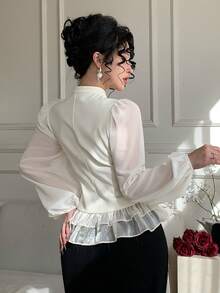 DAZY 女士蕾丝拼接优雅休闲衬衫，腰部收紧设计，适合春季、夏季、情人节、婚礼等场合。 - 白色 - 查看 2