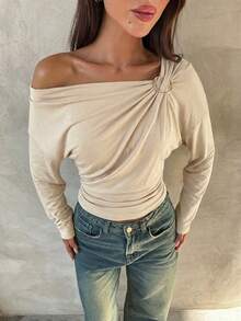 Aloruh Women's Solid Color Asymmetric Neck Ruched Drop Shoulder Long Sleeve Fashion T-Shirt - Apricot - View 7