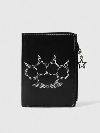 ROMWE Goth Cartera corta con cremallera en forma de estrella, diseño de uñas de puño, estampado de rhinestones, diseño creativo multifuncional, bolsa de tarjetas de ocio con múltiples compartimentos, bolsa de cambio con cremallera lateral, unisex, adecuada para uso diario