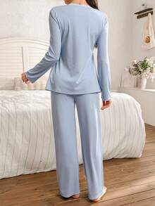 Moonlight&Mama Bộ đồ ngủ bà bầu kiểu dáng thường ngày, màu trơn, chất liệu dệt kim, phối ren, cài cúc phía trước, gồm áo dài tay và quần. - Màu xanh nhạt - Xem 2