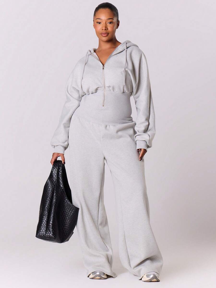 MUSERA 大码束腰卫衣拉链连体裤，日常休闲舒适可爱，春夏皆宜 - 淺灰色 - 查看 1
