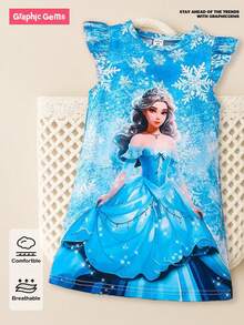SHEIN Girls Blue Casual Cute Cartoon Frozen Princess Cap Sleeve Breathable Printed T-Shirt Dress, Comfortable For Outdoor Wear - Blue - View 6