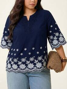 SHEIN LUNE Plus Size V-Neck Short Sleeve Embroidered Casual Shirt Fall - Royal Blue - View 3