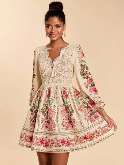 Travachic Women's Romantic Floral Print Vacation Long Sleeve Dress