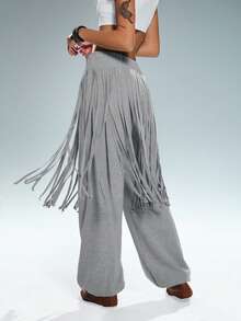 TRNVIE Pantalones de chándal con diseño de flecos versátil para mujer, otoño/invierno - Gris - Ver 2