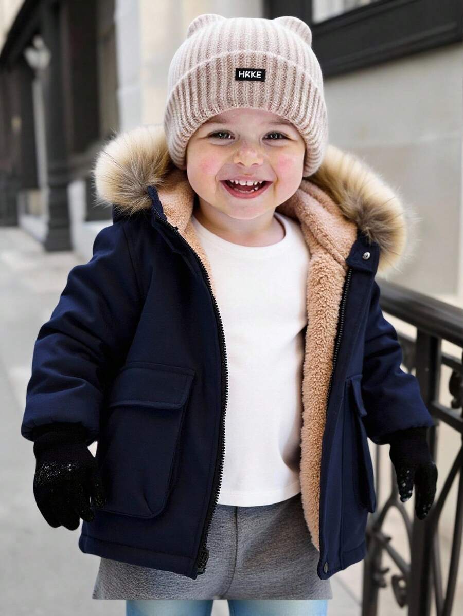 Baby Boy Casual Comfortable Versatile Faux Fur Trim Hooded Jacket, Thermal Lined, Contrast Color Cargo Pockets, Zipper, Mid-Length Winter Coat, Suitable For Home & Outdoor