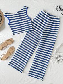 Tween Girl Casual Vacation Street Asymmetric Textured Knit Striped Cropped T-Shirt And Matching Straight Leg Knit Striped Pants Set, Back To School Outfit, Blue & White Stripe Summer Lounge Set Two Piece Set Striped Two Piece Set Preppy Two Piece Set - Blue and White - View 2