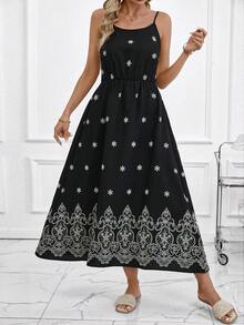 SHEIN Clasi Bộ đồ hai mảnh gồm áo hai dây in họa tiết toàn thân và áo khoác tay ngắn cài cúc phía trước dành cho nữ, thích hợp cho ngày Valentine, kỳ nghỉ hoặc mặc thường ngày. - Đen và trắng - Xem 6