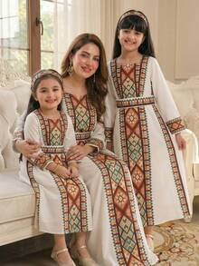 SHEIN Young Girl Geometric Print Pleated Casual Flare Sleeve Dress, Suitable For Outings And Gatherings - Apricot - View 1