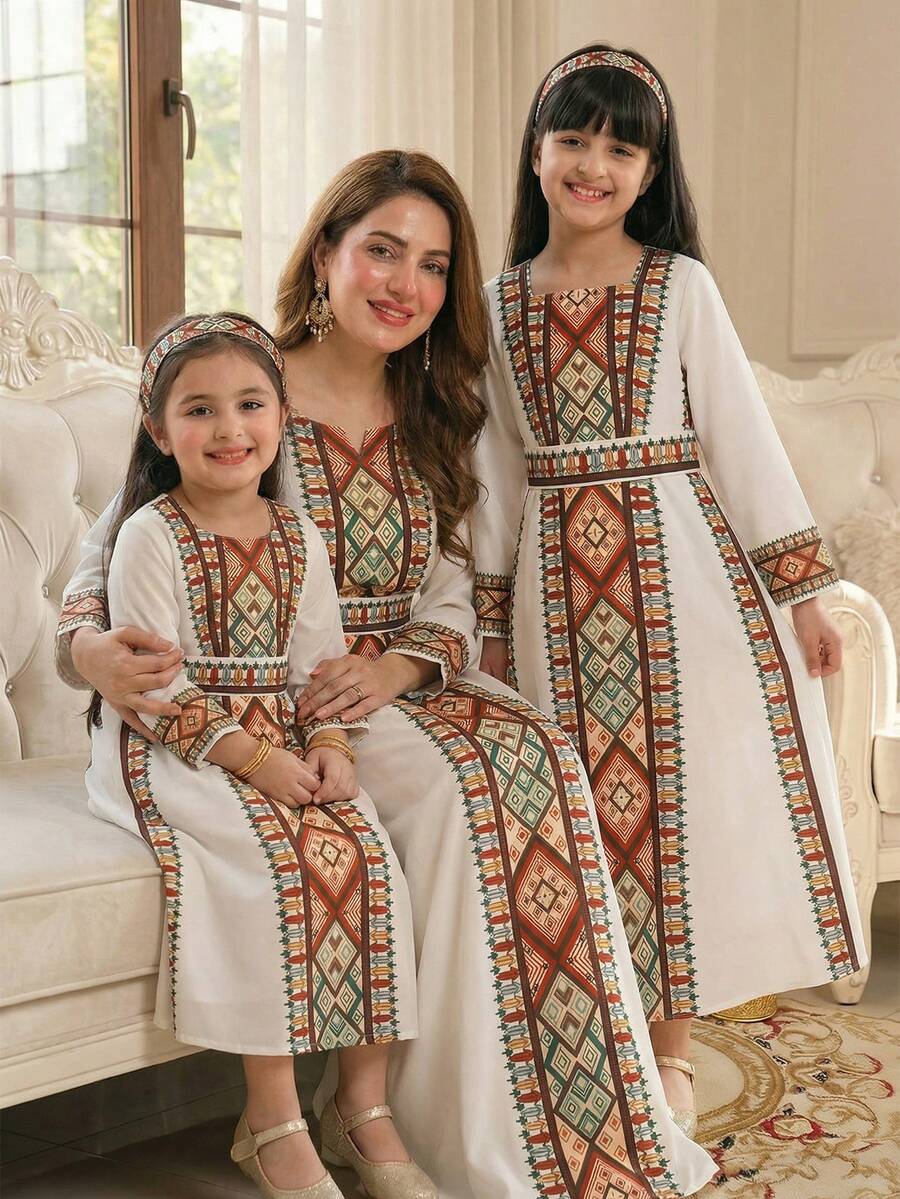 SHEIN Young Girl Geometric Print Pleated Casual Flare Sleeve Dress, Suitable For Outings And Gatherings - Apricot - View 1