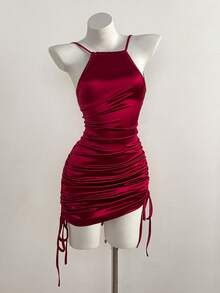 Zolique Summer New Sexy One-Shoulder Pleated Backless Criss-Cross Lace-Up Mini Dress, Wine Red Dress, Faille Dress, Asymmetric Shoulder Dress, Vacation Dress, Suitable For Valentine's Day, Party, Wedding - Cherry Red - View 2