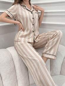 CoupledUp Faux Silk Striped Jacquard Contrast Trim Collar Pajama Set - Champagne - View 3