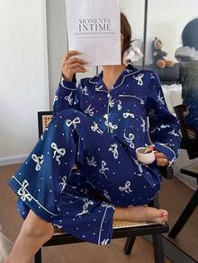 Dream Adore Bộ đồ ngủ dài tay nữ bằng lụa giả họa tiết chấm bi nơ - Màu xanh hải quân - Xem 7