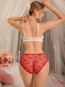 Red Ruched Bodycon Heart Mesh Satin Bow Babydoll Cute Romantic Gift Club Outfit Party Music Festival Women Panty - Red - View 2