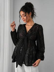 Momance 孕妇灯笼袖上衣，V领，双层设计，前襟蝴蝶结系带，A字下摆，提花织物