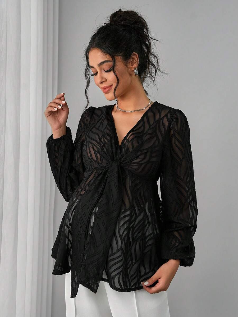 Momance 孕妇灯笼袖上衣，V领，双层设计，前襟蝴蝶结系带，A字下摆，提花织物