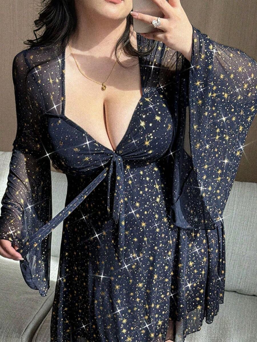 Vibekara 大码女式星形箔印喇叭袖长袖修身A字连衣裙，显瘦时尚，秋冬款 - 藍色 - 查看 1