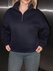 Turnttoni Women's Loose Zip-Up Hoodie - Navy Blue - View 3