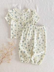 SHEIN Baby Girls' Ditsy Floral Cute Ruffle Trim Cardigan & Pants 2Pcs Casual Outfit - Apricot - View 3