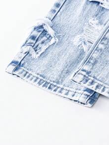 Jeans rectos con bordados y desgaste para niñas jóvenes, de estilo universitario casual y cómodo. Lavado claro, tela suave de color azul - Lavado ligero - Ver 7