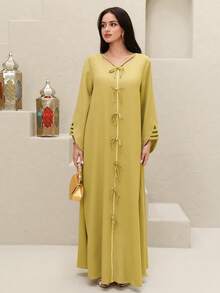 Yasmyna 女士纯色扭结镂空V领长袖土耳其长裙和阿拉伯传统罩袍 - 黃色 - 查看 8