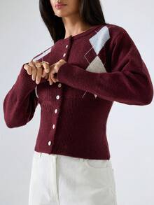 LYSMO Women's Burgundy Argyle Long Sleeve Knit Sweater,Autumn Retro Vintage Y2k School Top,Back-To-School Colorblock Minimalism Casual Streetwear Cardigan - Multicolor - View 7