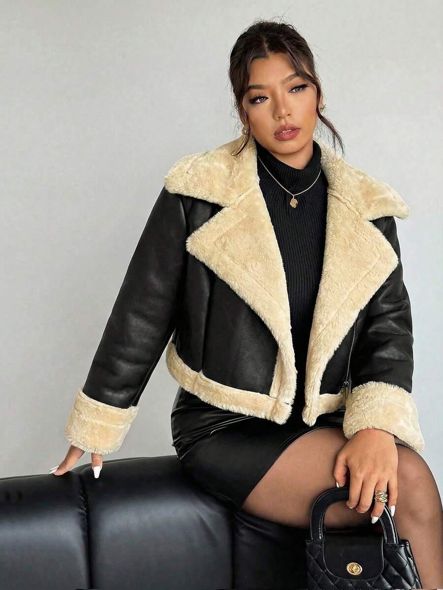 Firerie Plus Size Autumn/Winter Fashion Corduroy Composite Thermal Lining Black & White Contrast Color Short Loose Women Long Sleeve Black Jacket Coat; Suitable For Valentine's Day, Concerts, Performances, Parties, Weddings, Sexy, Elegant, Commuting, Back To School Season Jacket Y2k Coats For Women Women Plus Outerwear Women Women Faux Leather Jacket Shearling Jacket Plus Size Jacket