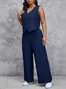 SHEIN Frenchy 大码背心式休闲两件套女装夏季裤装海军蓝无袖裤套装无袖上衣和裤子 - 藏蓝色 - 查看 6