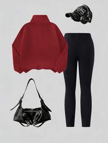 Sparklyn Bộ 2 món cho bé gái tuổi teen, gồm áo hoodie nỉ đen có túi kangaroo và cổ áo khóa kéo nửa thân, cùng quần legging đen cạp chun, thích hợp cho nhiều dịp thường ngày như đi chơi, du lịch, thể thao. Phù hợp cho bé gái từ 8-12 tuổi. - Màu Đỏ Sâu - Xem 2