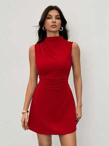 SHEIN Tall Đầm mini xếp ly dáng chữ A màu đỏ dành cho nữ, thanh lịch, tối giản, tinh tế, lãng mạn, ngọt ngào, thích hợp đi làm hàng ngày, dự tiệc cưới, lễ hội âm nhạc, kỳ nghỉ. - Đỏ - Xem 5