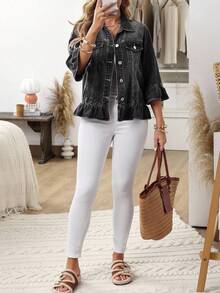 EMERY ROSE Women's Casual Washed Denim Jacket With Ruffle Hem Women Women Denim Jacket Cropped Denim Jacket - Black - View 4