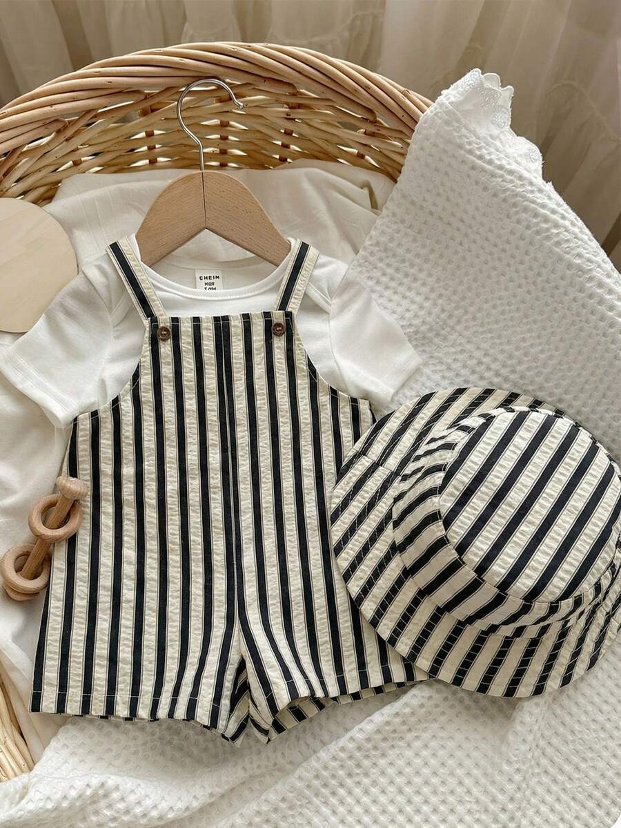 SHEIN 2件套婴儿男女童夏季条纹背带裤和渔夫帽套装，居家、外出、海滩休闲装 - 彩色 - 查看 1
