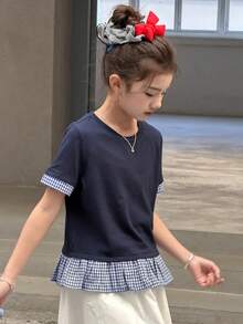 DAZY Tween Girls Crew Neck Colorblock Striped Short Sleeve T-Shirt Summer - Royal Blue - View 7