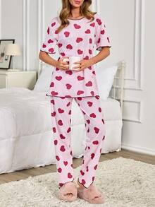 女士纯棉两件套条纹爱心图案圆领短袖衬衫和裤子家居舒适睡衣套装 - 粉色 - 查看 5