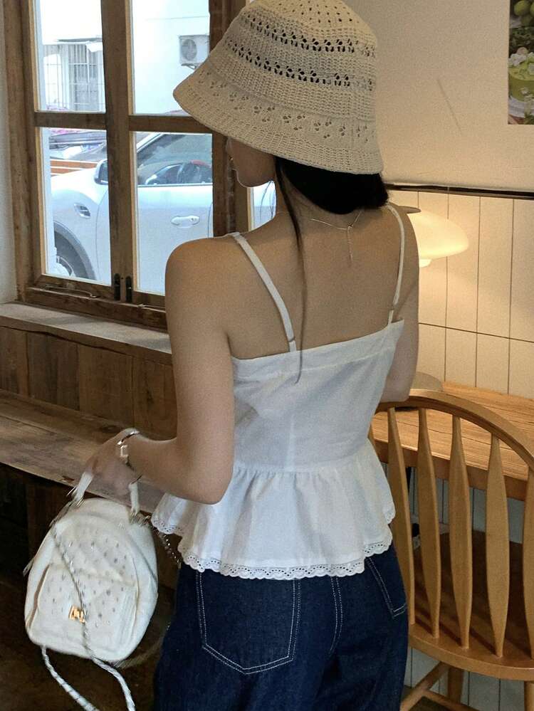 Women's Elegant Solid Color Lace Patchwork Camisole Top, Summer Cruise For Women