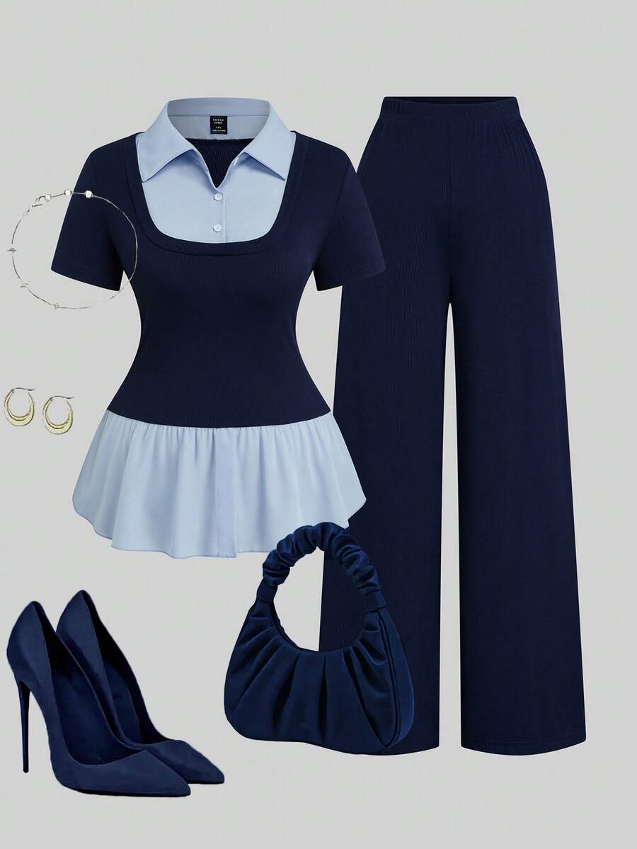 SHEIN Clasi Plus Size Women's Solid Color Contrast Splice Lapel Short Sleeve Fitted Elegant Daily Faux Two Pieces Shirt T-Shirt + Loose Casual Versatile Pants Set