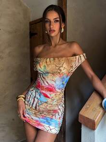 SHEIN BAE 女士休闲沙滩度假露肩露背金属环装饰迷你碎花连衣裙，适合沙滩度假、休闲度假场合，迷你印花连衣裙，性感连衣裙 - 黃色 - 查看 7