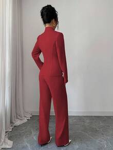 Elenzga بدلة نسائية أنيقة مع طوق واسع، أكمام طويلة، زخرفة باللؤلؤ، ملابس علوية ذو حافة مستقيمة وبنطال ذو ساق مستقيمة