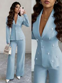 Elenzga Elegantes Damen Hosenanzug-Set mit Kragen, Langarm, Perlen-Verzierung, gerade geschnittene Bluse und gerade geschnittene Hose - Babyblau - Übersicht 1